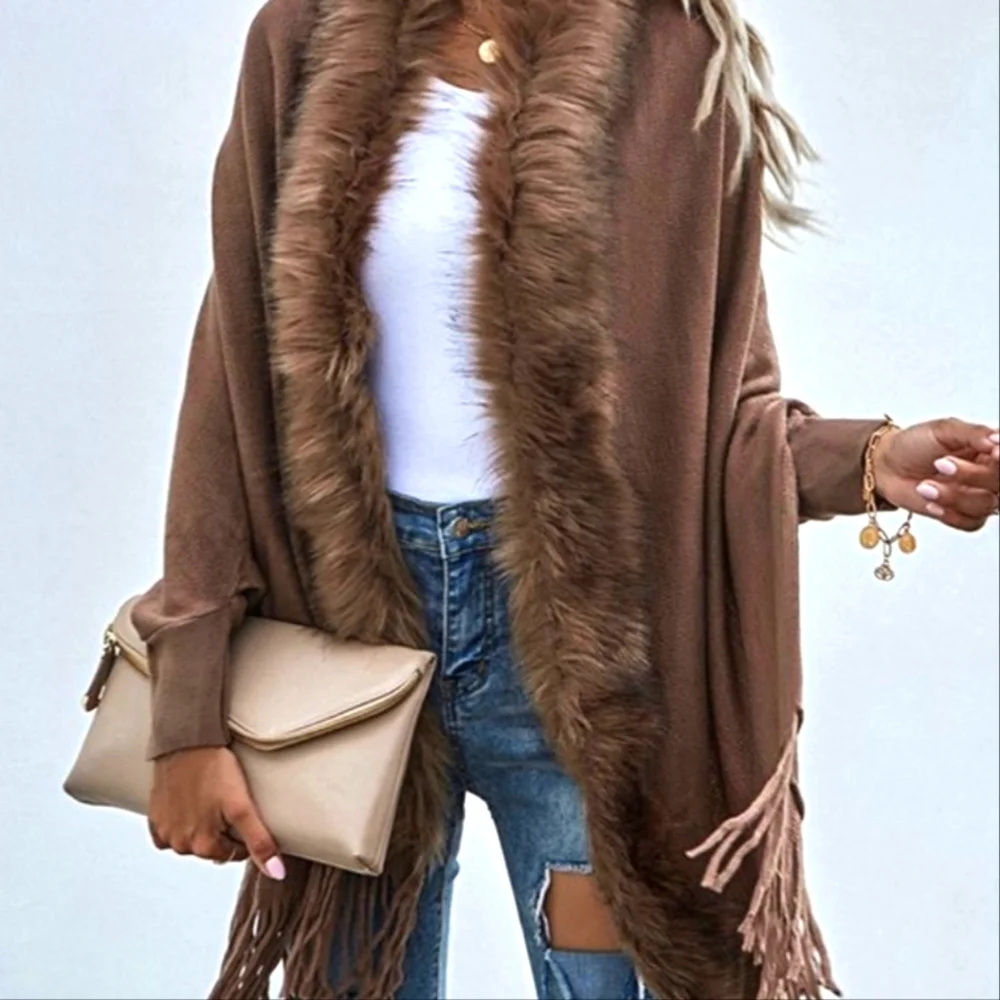 Chocolate Mousse Faux Fur Trimmed Shawl Collar Cardigan Wrap Sz Small 5 🌟 rated - Picture 1 of 5